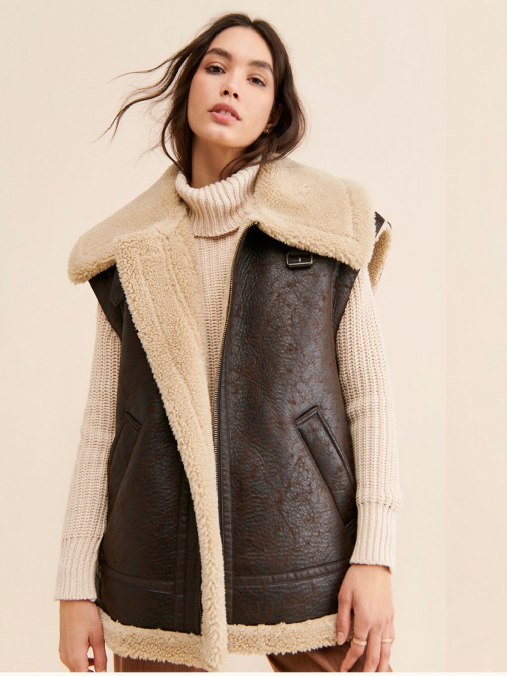 Free People We The Free Bad Habits Cozy Vest Brown Faux Shearling M
